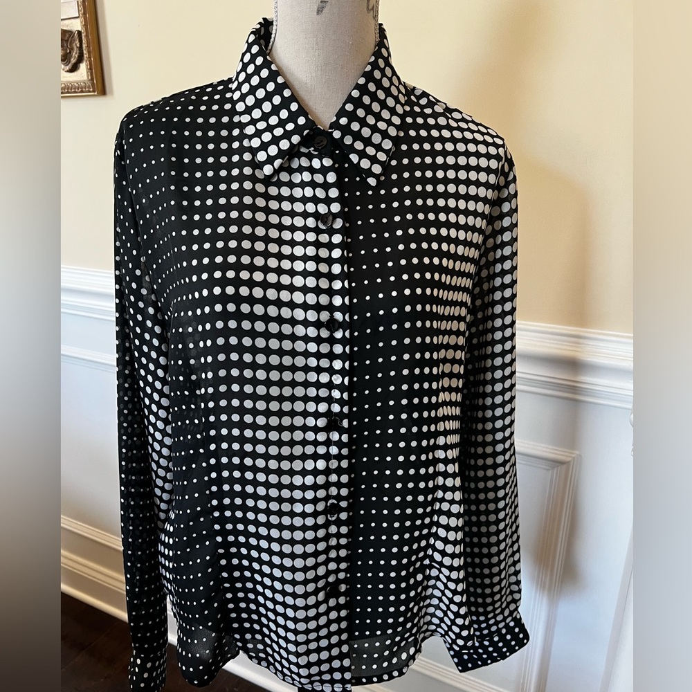 Black and White Geometric-Hombre Polka Dot Button Up Women’s Blouse.